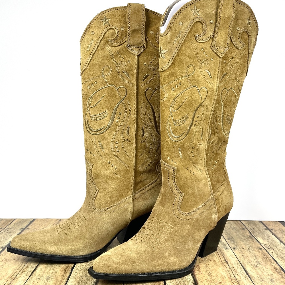 Zara Embroidered Taupe/Tan Suede 15.5” Pull-On Boots, Size 7.5